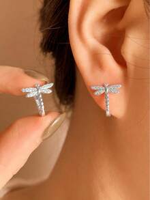 Dragonfly Ear Clips, Minimalist Vintage Delicate Insect Stud Earrings - Silver - View 4