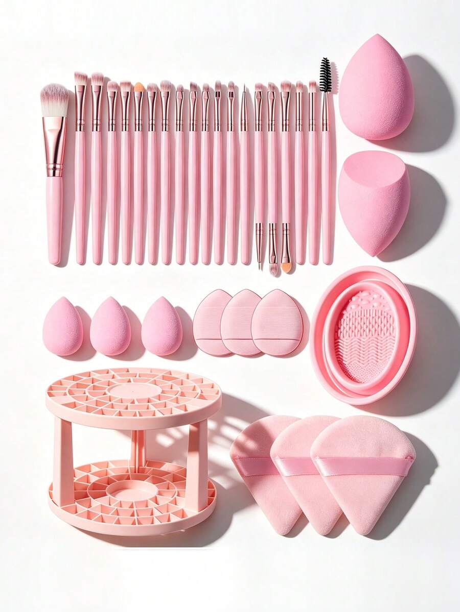 20 Peças Conjunto de Pincéis de Maquiagem + 1 Peça Suporte para Pincéis de Maquiagem + 6 Peças Esponjas de Pó de Maquiagem + 5 Peças Esponjas de Maquiagem Facial + 1 Peça Ferramenta de Limpeza de Pincéis de Maquiagem, Para Limpar Pincéis de Maquiagem. O Conjunto Inclui: Conjunto de Pincéis de Maquiagem, Conjunto de Pincéis de Maquiagem, Conjunto de Pincéis de Maquiagem, Conjunto Completo de Ferramentas de Maquiagem, Conjunto de Pincéis de Maquiagem, Conjunto Completo de Ferramentas de Maquiagem, Conjunto de Pincéis de Maquiagem, Conjunto de Presente de Pincéis de Maquiagem. - Rosa Bebê - Visão 1