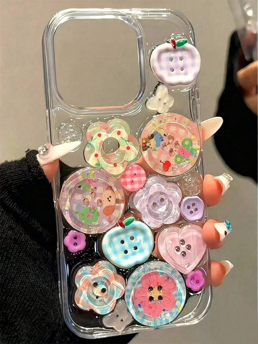 Cute 3D Button Plaid Transparent Epoxy Resin Soft Phone Case, Compatible With 16/15/14/13 Pro Max/17/17 Pro/17 Pro Max, Fashionable Cute Girl Shockproof Back Cover - Clear - View 1