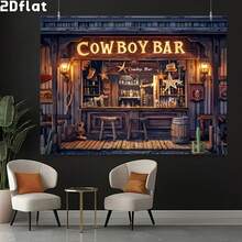 1pc 2D Flat Vintage Western Cowboy Bar Backdrop, Rustic Wooden Bar Design With Barrels And Stools, Durable Polyester Fabric, Suitable For Theme Party, Autumn/Winter Events - Multicolor - View 2
