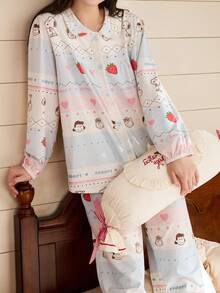 Gongdie 2pcs Snoopy Women's Pajama Set, Spring/Autumn Soft Cotton, Lace Trim Light Blue & Pink Colorblock Striped Loungewear - Baby Blue - View 1