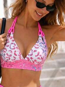 HOTTIE HABIT Women's Pink Leopard Print Halter Triangle Bikini Set, Contrast Pink Waistband, Shell Metal Buckle High Waist Two Pieces Summer Beach Swimsuit - Multicolor - View 6
