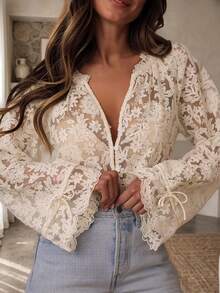 ii Blusa transparente de mujer con elegante bordado de encaje, primavera - Albaricoque - Ver 4