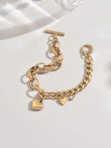 LIEBEIRIS 1 pièce Bracelet en acier inoxydable plaqué or 18K en forme de cœur pour femmes, convient pour le port quotidien et les cadeaux - Or jaune - Voir 4
