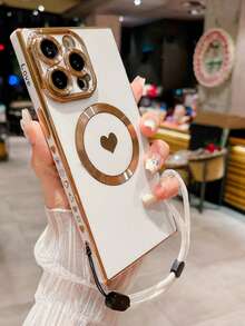 New Beige Electroplated Pupil Magnetic Heart Painted Straight Edge + Adjustable Anti-Loss Lanyard Anti-Drop Phone Case Protective Cover 17 Series (Magnetic Ring Opening 17pro 17pm Two Models Opening Design) - Beige - View 1