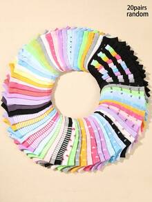 Random 20 Pairs Children's Bowknot Heart Polka Dot Striped Solid Color Short Socks Boat Socks Back To School Gift - Multicolor - View 6