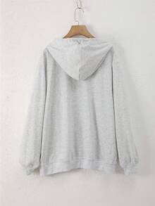 Sweatshirt Lengan Panjang Berkerudung Ukuran Besar Wanita dengan Resleting, Tali Serut, dan Kantong, Kain Rajut Elastis Sedang, Nyaman untuk Dipakai di Musim Gugur/Musim Dingin - Grey - View 6