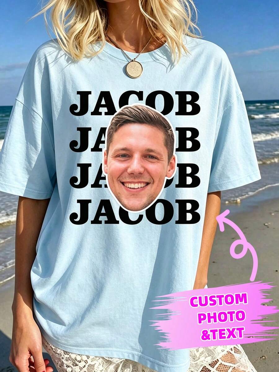 Customizable Pattern And Text Print Personalized Pattern T-Shirt. Add Your Text And Photo Design Your Own Personalized Women's T-Shirt. Summer - Baby Blue - View 1
