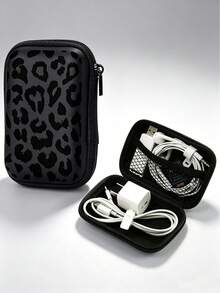 Black Leopard Print EVA Hard Shell 4.3-Inch Compact Storage Box - Travel Protective Storage Bag, Suitable For Electronic Accessories, Earphones, Hard Drives And Data Cables; Anti-Drop Zipper Pouch (Storage Box Only) - Multicolor - View 1