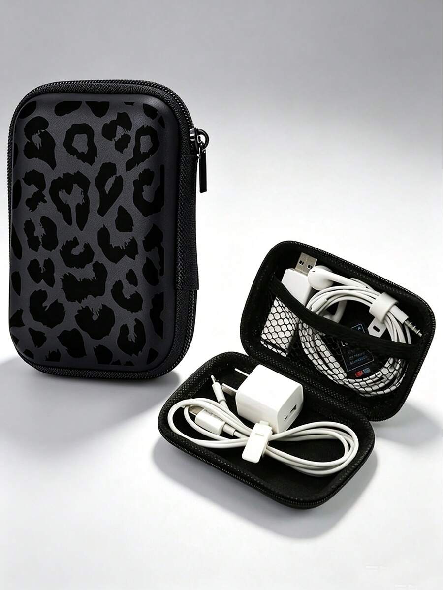 Black Leopard Print EVA Hard Shell 4.3-Inch Compact Storage Box - Travel Protective Storage Bag, Suitable For Electronic Accessories, Earphones, Hard Drives And Data Cables; Anti-Drop Zipper Pouch (Storage Box Only) - Multicolor - View 1