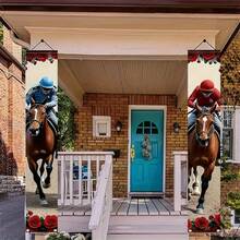 2D 1pc Horse Racing Rose Theme Red Couplet, Galloping Horse Pattern, Suitable For Sports Event Party Decoration, Door Banner, Polyester Fabric - Multicolor - View 4
