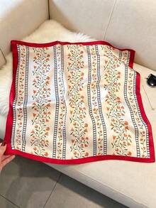 1件女款正方形絲巾，花卉印花，絲綢面料，可作髮帶、頸巾，適合日常使用、海灘、度假 - 酒紅色 - 查看 2