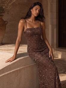 فستان Glamrae أنيق بني، فستان ضيف زفاف، فستان لامع بتصميم ضيق، أنيق وجذاب ورومانسي، مزين بكثافة، ظهر مكشوف، حزام متقاطع، فتحة جانبية، فستان نسائي، مناسب للسهرة والمواعدة وحفلات أعياد الميلاد والذكرى السنوية والشاطئ والعشاء الرسمي وحفلات الشاي والتخرج والبروم وحفلات الموسيقى والعطلات والخريف - بني - مشاهدة 1