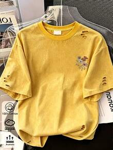 Women's Summer/Autumn Pure Cotton Distressed Washed T-Shirt, Floral Print, Casual Loose Fit - Golden - View 7