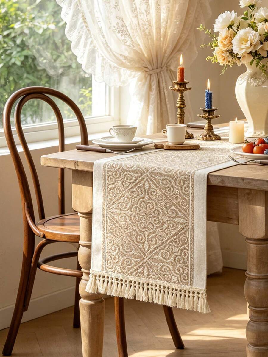 1pc Waterproof Table Runner With Tassels, Suitable For Home Decor, Wedding, Restaurant, Living Room