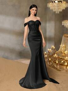 Alisa&Leo 青少年亮片晚禮服－露肩珠飾上身、緞面魚尾剪裁－適合舞會、婚禮與選美活動 - 黑色 - 查看 5