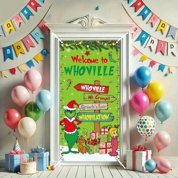 The Grinch Authorized 1PC Green Christmas Theme Party Door Frame Banner Decoration Background, (120*60/180*90/210*105cm) Suitable For Winter Holiday Party Decoration Front Porch Sign Background Banner For Home Indoor Outdoor Decoration