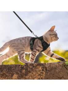 Cat/Dog Breathable Reflective Harness With Leash, Quick-Release Buckle, Anti-Escape Design, For Home And Outdoor Walking, Small To Medium Pet Cat Travel Harness Set - Black - View 6