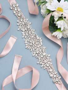 1 pieza Cinturón nupcial de mujer con aplique de diamante y cinta de satén de aleación de plata, accesorio para ceremonia de boda, decoración de cintura para la novia - Blanco - Ver 13