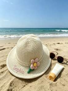 Customizable Embroidered Name Knitted Sun Hat, Cute 3D Flower & Pearl Decor Wide Brim Bucket Hat, Hollow Out Breathable Summer Outdoor Straw Hat, Personalized Text Sun Protection Bucket Hat For Girls, Suitable For Daily Commute/Outdoor Activities, Outings And Holiday Events, Gift For Her - Multicolor - View 3