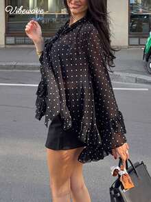 VIBEWAVE French Style Black Polka Dot Bow Collar Sheer Chiffon Blouse Women Multi-Layer Ruffle Flare Long Sleeve Top - Black - View 3