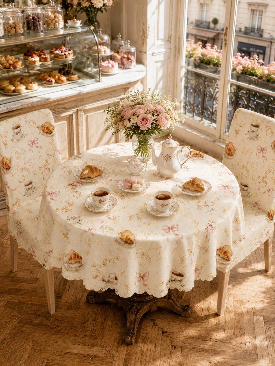3/5/7pcs Ivory French Cafe Tablecloth And Chair Cover Set, Coffee Cup, Croissant, Pink Bow And Floral Swirl Print Polyester Round Table Cover With Matching Dining Chair Covers For Kitchen, Tea Party, Brunch, Wedding And Home Decor - C - View 1