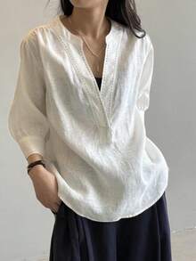 女款亞麻混紡缺口領襯衫，3/4燈籠袖鏤空針織休閒夏季上衣 白色 - 白色 - 查看 1