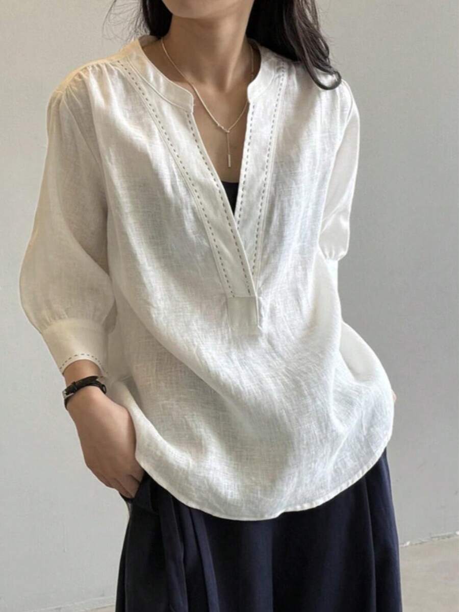 女款亞麻混紡缺口領襯衫,3/4燈籠袖鏤空針織休閒夏季上衣 白色 - 白色 - 查看 1