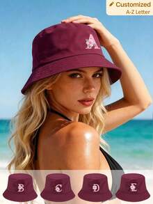 1pc Customized A-Z Letter Bucket Hat, Unisex, Foldable Portable Sun Protection Hat, Burgundy, Beach Travel Hat - Burgundy - View 1