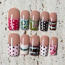 10 Pcs Handmade Press On Nails - French Tip Medium Square Fake Nails With Polka Dot Stripe Floral & Rhinestone - Reusable False Nail Tips For Women Girls, Ideal For Valentine's Day Party Daily Wear - 彩色 - 查看 11
