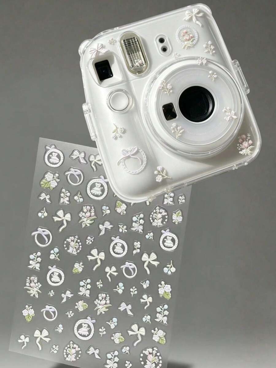 1pc French Style White Bow Bear Floral Embossed Waterproof Sticker Paper, Suitable For Instant Camera Case, Phone Case, Earphone Case, Gentle Girl Style DIY Decorative Self-Adhesive Sticker, Sweet And Delicate Style, Compact Size For Exquisite Local Accents - Light Pink Floral Frame - View 1