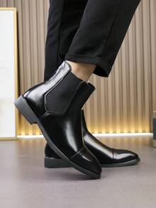 Men's Chelsea Boots High-Top British Style Black Pointed Toe Leather Shoes Boots Mid-Calf Ankle Boots - Black - View 9