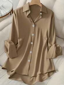 Plus Size Women Casual Shirt, Made Of Soft And Comfortable Fabric With Slight Stretch, Loose Fit, Suitable For Spring/Summer Wear Or Layering, Also Suitable For Daily, Office, Work, And Vacation Wear - Khaki - View 9