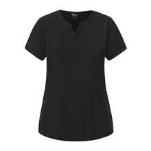 Solid Color Short Sleeve Top And Pants Scrub Uniform Matte Set, Women's Notch V-Neck Short Sleeve Scrub Top And Drawstring Pants Set, Basic Scrub Uniform - Black - View 4