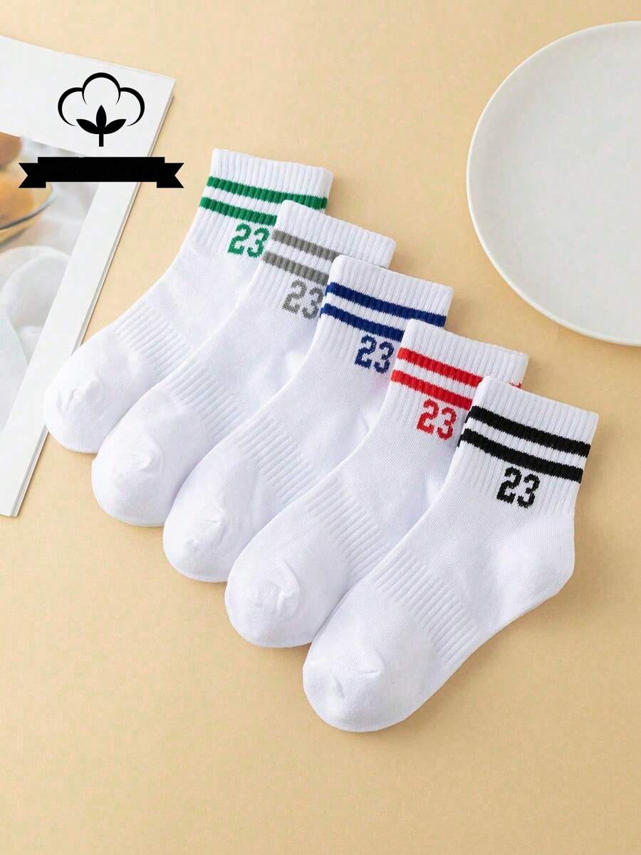 5 pares de calcetines de algodón puro para niños/niños mayores con letras coloridas y doble raya, estilo minimalista versátil, de media pantorrilla - Multicolor - Ver 1
