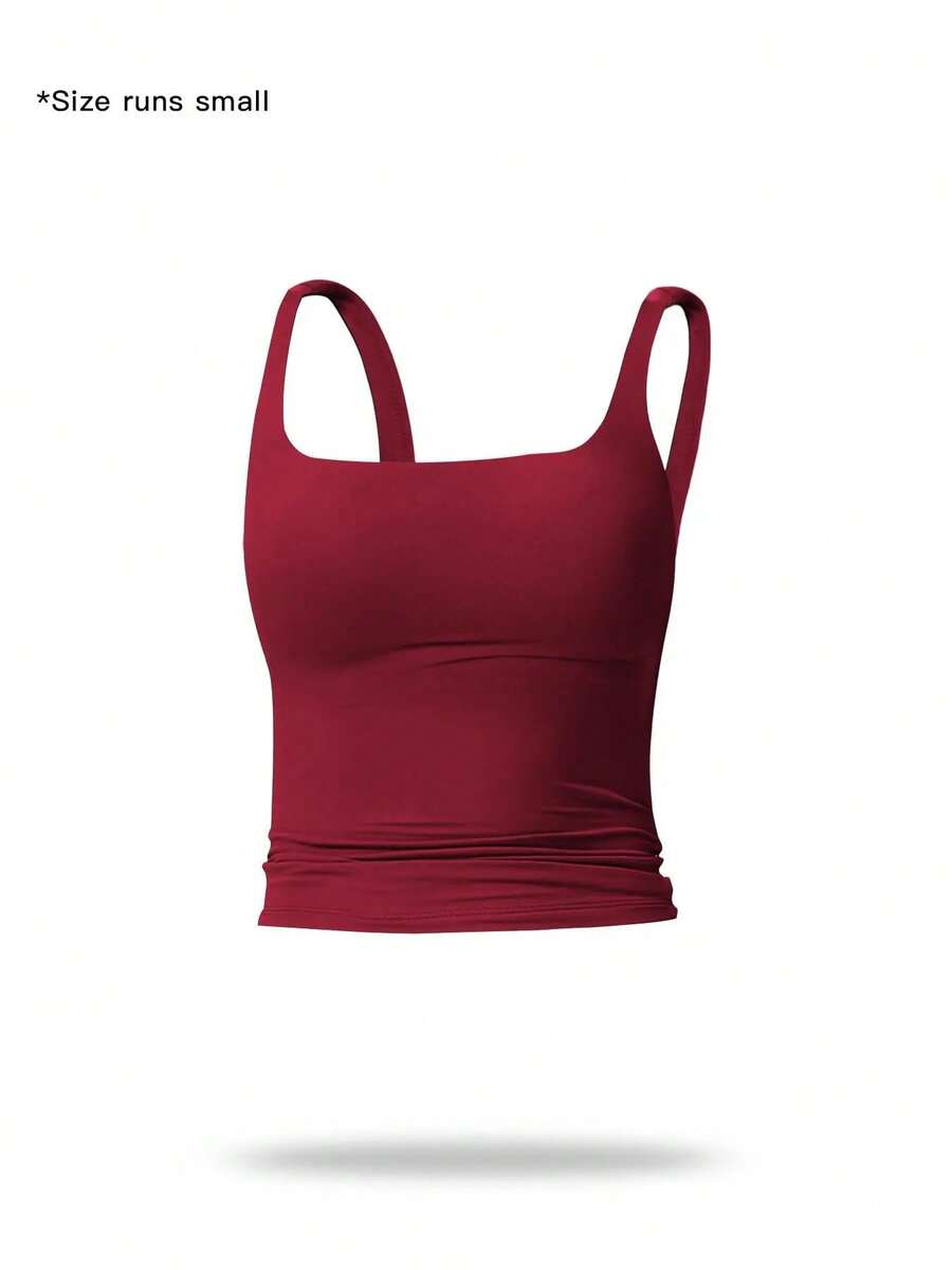 Camiseta deportiva sin mangas para mujer de color sólido, casual, cómoda y transpirable, ideal para yoga, gimnasio, entrenamiento y correr; ropa deportiva para todas las estaciones; chaleco con cintura. - Rojo - Ver 1