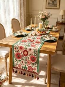 1pc Table Runner, Modern Geometric Pattern, Polyester Fiber, Red Festive Decor, Hand Wash Only, Not Machine Washable, For Sofa, Tea Table, Sideboard, Cabinet Cover - Multicolor - View 10