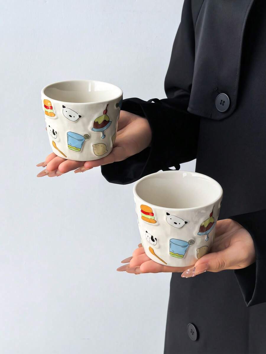 1件夏季派對手持咖啡杯，Ins風卡通創意個性化設計浮雕陶瓷馬克杯，手繪浮雕設計與彩色塗鴉，可愛，夏季冷萃杯，拿鐵拉花，適合各種咖啡，送禮佳品