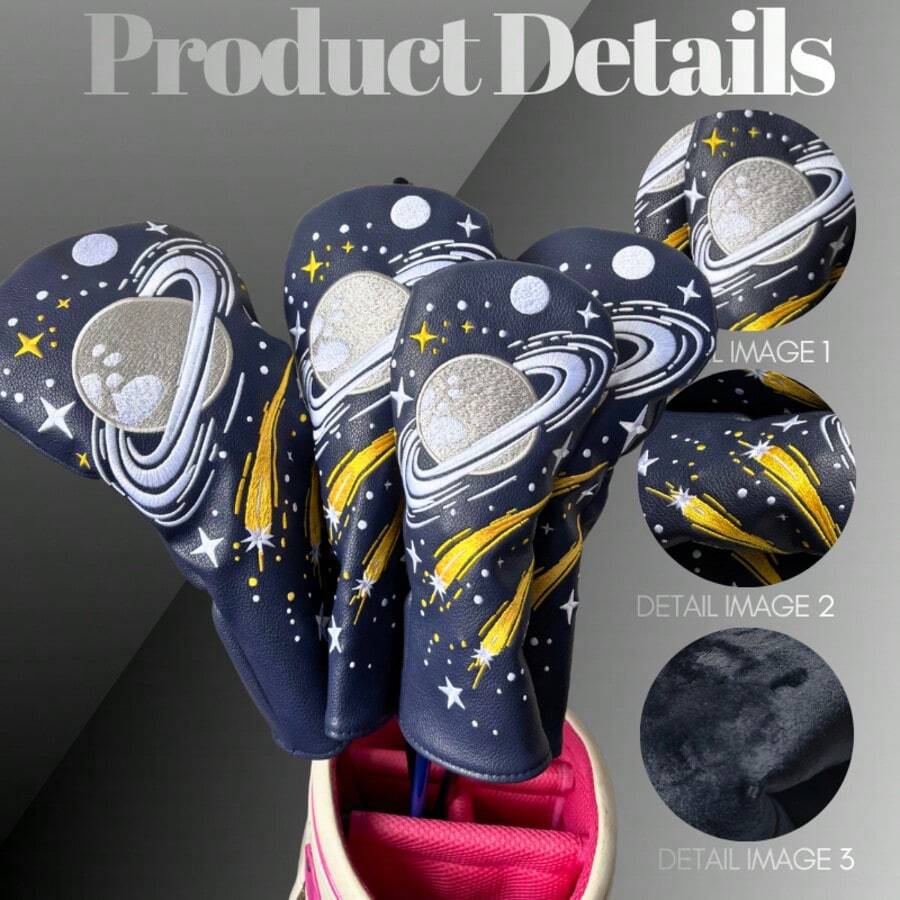 Planet Meteor Theme Wooden Shaft Protector Golf Club Head Cover, 3D Saturn Ring Embroidery, Delicate Litchi Texture PU, Shock-Absorbing Head Cover For On-Course Use - Royal Blue - View 1