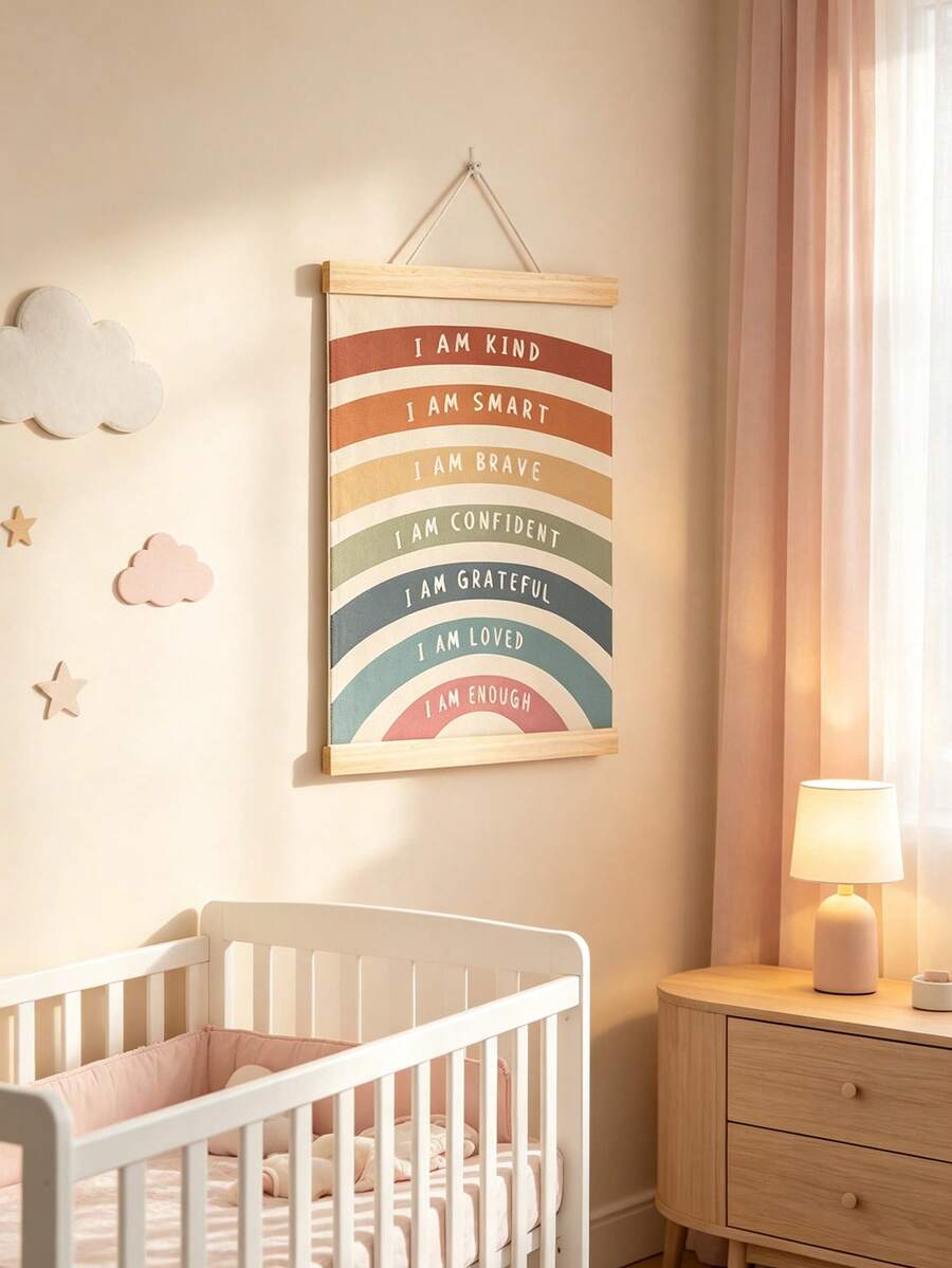 1pc Wooden Rainbow Scroll Wall Hanging, Inspirational Quote Wall Decor, Suitable For Children's Room And Nursery, Baby Supplies, Nursery Decor, Girls' Room Decor - Multicolor - View 1