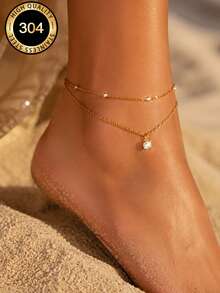 VceTd 1pc Minimalist Romantic Style Round Bead Pendant Design Stainless Steel Women's Anklet, Suitable For Daily Wear Or Beach Vacation - Yellow Gold - View 1