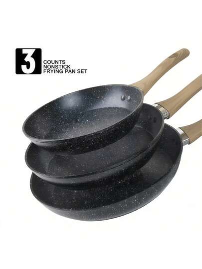 3pcs Pot Three Size Nonstick Marble Fry Pan Collection, Natural Wooden Anti-Scald Grip Handle, Smooth Speckled Interior Prevents Food Sticking, Compatible With Gas Stove And Induction Cooktop For Home Multi-Scene Cooking