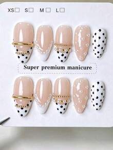 10pcs Handmade Press-On Nails, Short Almond Shape Fake Nails, Summer Nail Art, Nude White Edge Polka Dot French Manicure, Gentle Luxury Style, Hand-Painted White Edge Polka Dot French Tips, Metallic Gold Ring, Pearl Decoration, Transparent Jelly Effect, Versatile For All Hands, Quick Application And Removal, Suitable For Various Occasions, Women Girls Almond Shape Nail Stickers - Black and White - View 1
