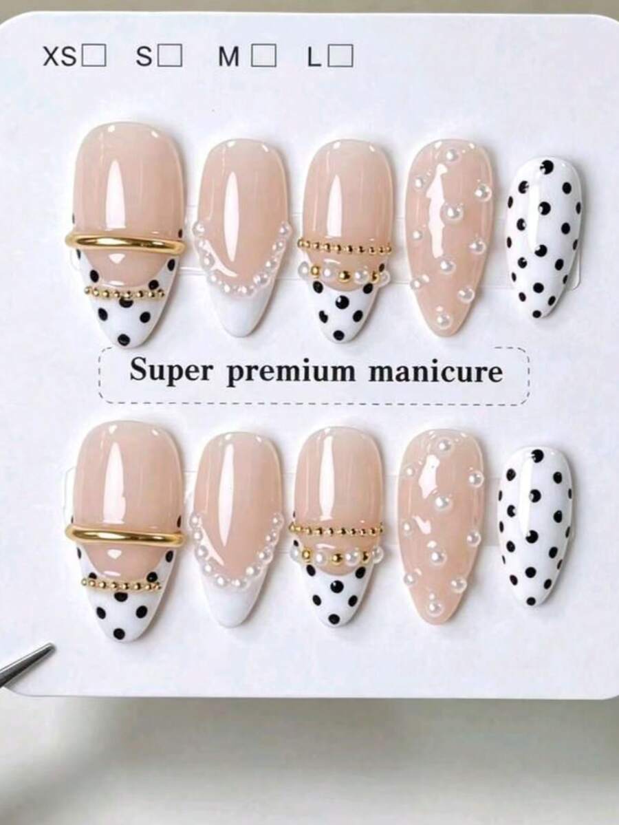 10pcs Handmade Press-On Nails, Short Almond Shape Fake Nails, Summer Nail Art, Nude White Edge Polka Dot French Manicure, Gentle Luxury Style, Hand-Painted White Edge Polka Dot French Tips, Metallic Gold Ring, Pearl Decoration, Transparent Jelly Effect, Versatile For All Hands, Quick Application And Removal, Suitable For Various Occasions, Women Girls Almond Shape Nail Stickers - Black and White - View 1