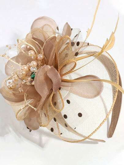 1 pièce Serre-tête élégant à large bord avec voile, fleurs et fausses perles, accessoire de cheveux de mariée, convient pour les sorties, les rassemblements, les voyages touristiques, les banquets, les fêtes, la maison, les déplacements, cadeau de vacances polyvalent haut de gamme