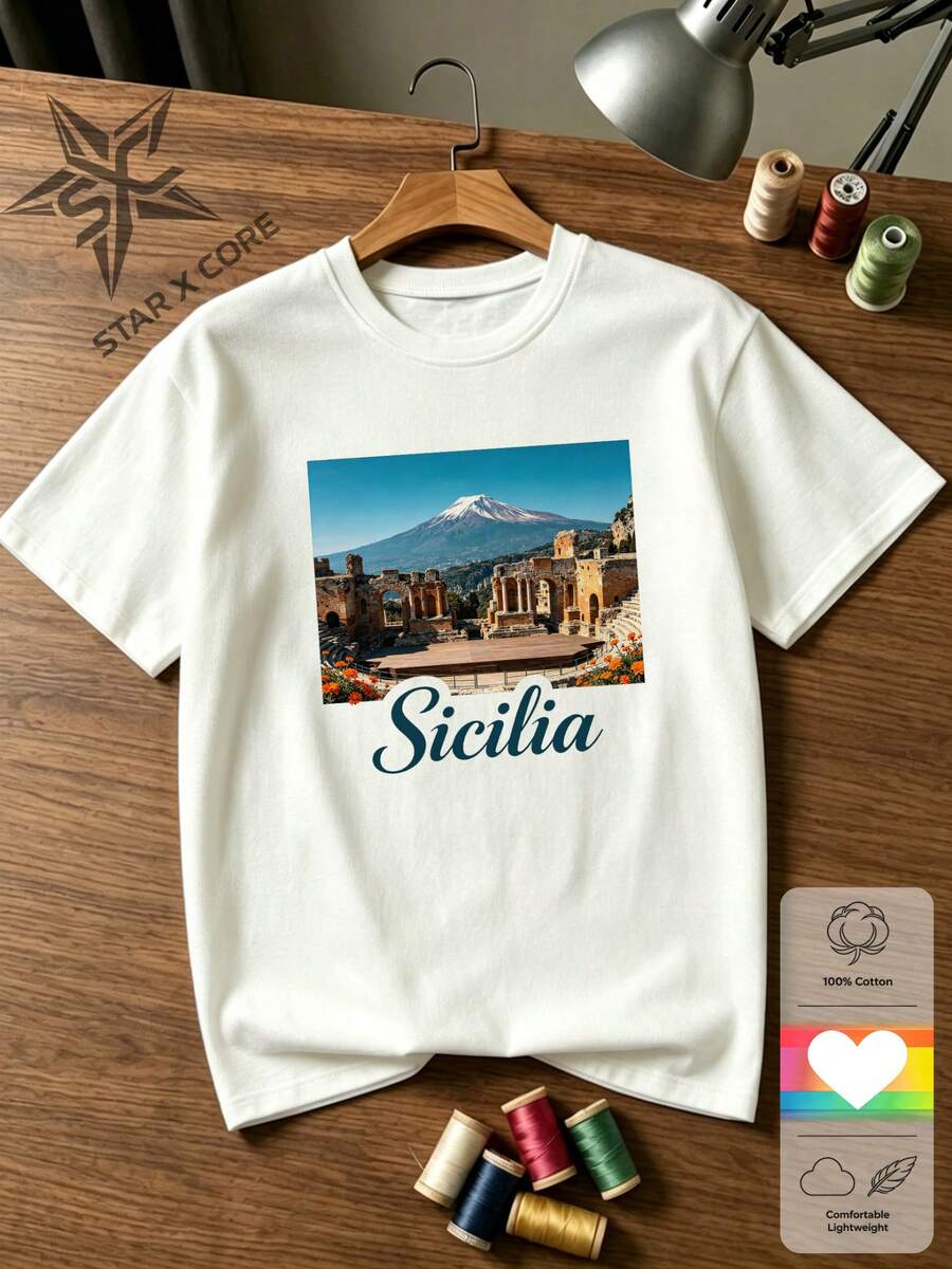 Scenic Landscape Graphic Tee Sicily Ancient Theater Travel Souvenir - 白色 - 查看 1