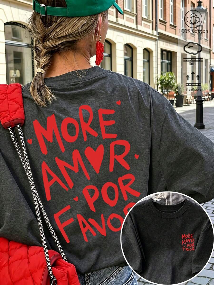 Women's Summer Cotton T-Shirt, Personalized Slogan Print, Casual Loose Fit, Daily And Holiday Casual Wear - Dark Gray - View 1