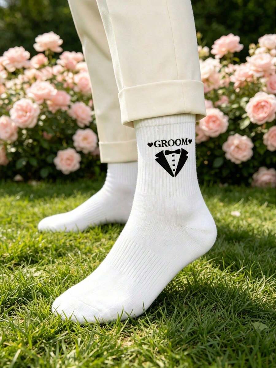 1 Pair White Socks, Wedding Decoration, Groom & Groomsmen Gift, Wedding Engagement Honeymoon Travel Gift, Husband Gift, Summer Socks - Multicolor - View 1