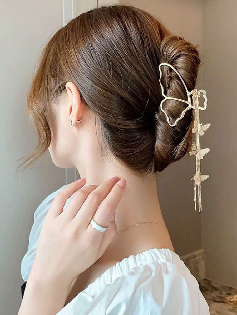 Pince à cheveux papillon en métal avec franges, pince à chignon pour l'arrière de la tête, accessoire de cheveux, pince à cheveux papillon et muguet scintillante de luxe premium, pince à chignon élégante en forme de requin pour l'arrière de la tête - Doré - Voir 1