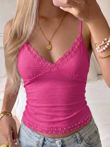 Y2K Style Solid Color Deep V-Neck Camisole Top With Sexy Hollow Lace Design, Suitable For Summer Beach Vacation, Music Festivals And Concerts Casual - Hot Pink - View 5
